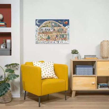 Completed Ravensburger Santa's Workshop puzzle displayed on a wall above a yellow armchair and shelving unit