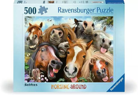 Ravensburger Selfies Horsing Around 500 piece jigsaw puzzle box front with horse selfie artwork