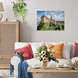 Ravensburger Sigmaringen Castle 1000 piece jigsaw puzzle displayed framed on a wall above a sofa