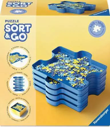 Ravensburger Sort & Go! Puzzle 8 Sorting Trays box front showing stacked blue trays with jigsaw pieces