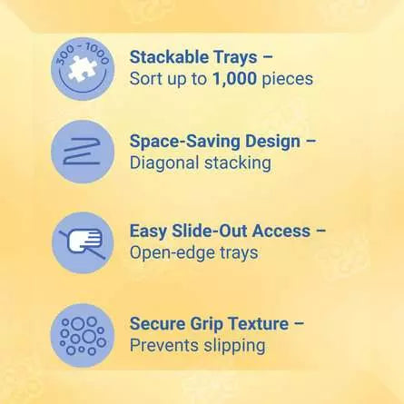 Feature panel showing stackable trays, space saving design, easy slide out access and secure grip texture
