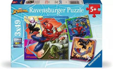 Ravensburger Spider-Man 3 x 49 piece jigsaw puzzles box front showing three puzzle scenes and a 5+ age mark