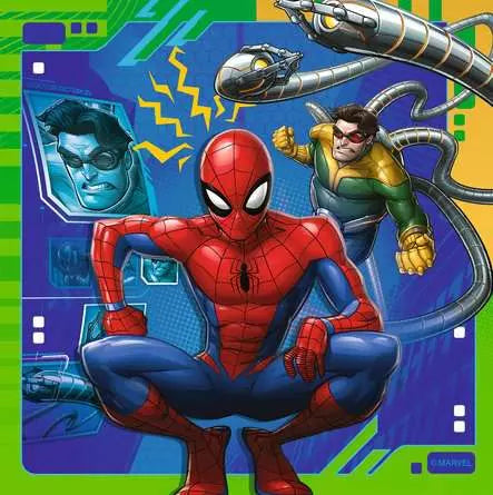 Spider-Man crouching in front of Doctor Octopus and another villain on a blue background