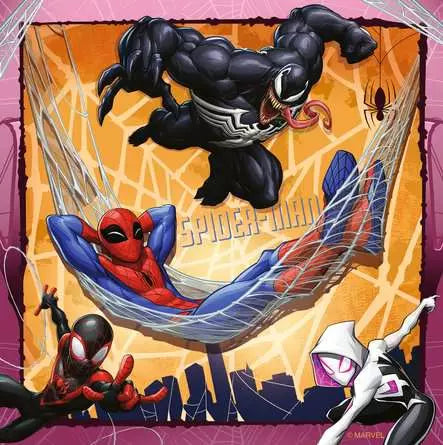Spider-Man swinging on a web with Venom above him and Miles Morales below