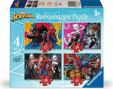 Ravensburger Spider-Man 4 in a Box jigsaw puzzles box front showing four Spider-Man puzzle scenes with 12, 16, 20 and 24 pieces