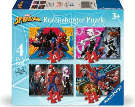 Ravensburger Spider-Man 4 in a Box jigsaw puzzles box front showing four Spider-Man puzzle scenes with 12, 16, 20 and 24 pieces