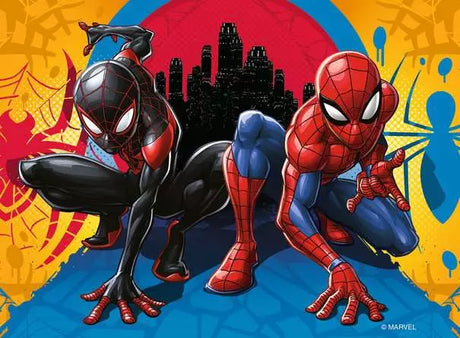 Ravensburger Spider-Man 4 in a Box jigsaw puzzle scene showing a red and black Spider-Man character beside Spider-Man in front of a city skyline