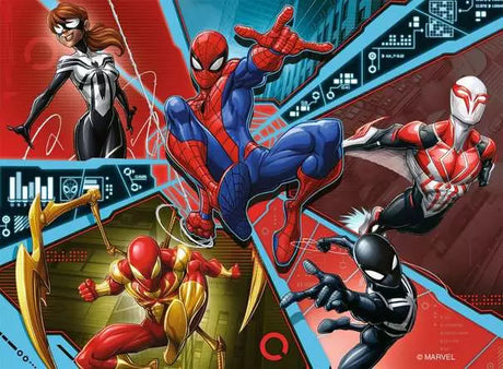 Ravensburger Spider-Man 4 in a Box jigsaw puzzle action scene showing Spider-Man with four other characters against a red and blue background