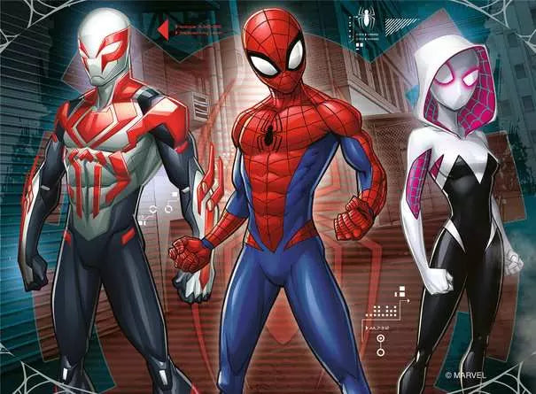 Ravensburger Spider-Man 4 in a Box jigsaw puzzle scene showing three Spider-Man characters standing side by side