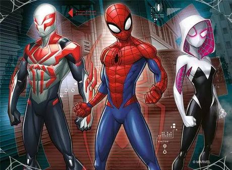 Ravensburger Spider-Man 4 in a Box jigsaw puzzle scene showing three Spider-Man characters standing side by side