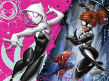 Ravensburger Spider-Man 4 in a Box jigsaw puzzle scene showing a white hooded character and a black suited character with Spider-Man in a city scene