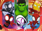 Ravensburger Spidey & His Amazing Friends jigsaw puzzle scene showing Black Panther, Hulk, Iron Man, Ghost-Spider, Spin and Spidey