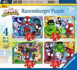 Ravensburger Spidey & His Amazing Friends 4 in a Box jigsaw puzzles box front showing four puzzle scenes with 12, 16, 20 and 24 pieces