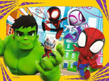 Ravensburger Spidey & His Amazing Friends jigsaw puzzle scene showing Hulk, Trace-E, Ghost-Spider and Spidey