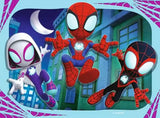 Ravensburger Spidey & His Amazing Friends jigsaw puzzle scene showing Spidey, Spin and Ghost-Spider in a city scene