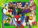Ravensburger Spidey & His Amazing Friends jigsaw puzzle scene showing Spidey, Spin, Trace-E and Green Goblin