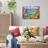 Completed St.Tropez jigsaw puzzle displayed on a wall above a sofa