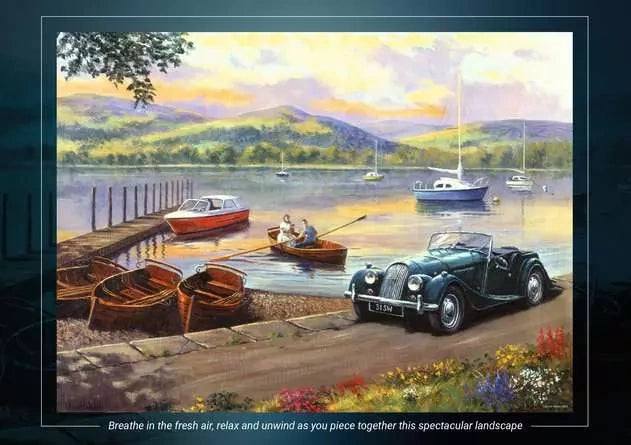 Ravensburger Stop at the Lakes artwork presentation showing the vintage car, lakeside boats and mountain scenery with a relaxation caption