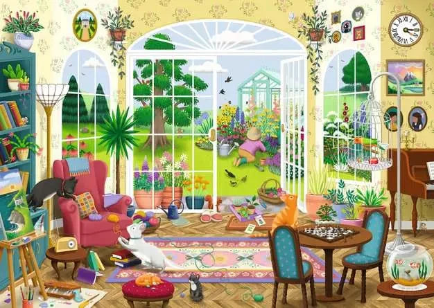 Ravensburger Summer Garden Parlour 1000 Piece puzzle artwork showing a bright conservatory room with cats, houseplants and a flower filled garden