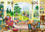 Ravensburger Summer Garden Parlour 1000 Piece puzzle artwork showing a bright conservatory room with cats, houseplants and a flower filled garden