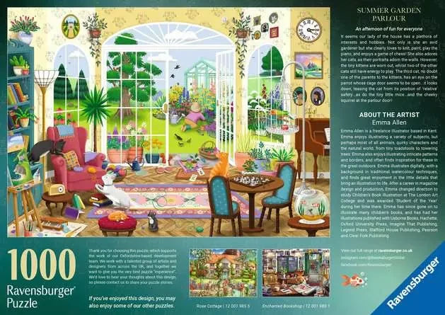 Ravensburger Summer Garden Parlour 1000 Piece Jigsaw Puzzle box back showing the puzzle artwork, product information and artist details