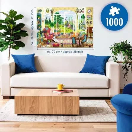 Ravensburger Summer Garden Parlour 1000 Piece puzzle size guide showing the completed 70 × 50 cm jigsaw above a sofa