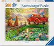 Ravensburger Summer Love 500 piece jigsaw puzzle box front showing two dogs by a red pickup truck beside a lake