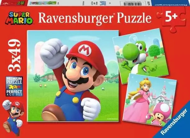 Ravensburger Super Mario 3x49 piece jigsaw puzzle box on a red background showing Mario, Yoshi, Princess Peach, and Toadette, aged 5 plus