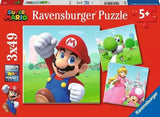 Ravensburger Super Mario 3x49 piece jigsaw puzzle box on a red background showing Mario, Yoshi, Princess Peach, and Toadette, aged 5 plus