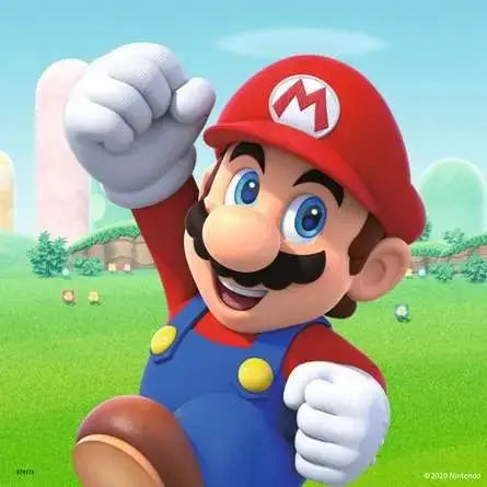 Super Mario puzzle artwork showing Mario in his red cap and blue overalls with fist raised on a bright green outdoor background