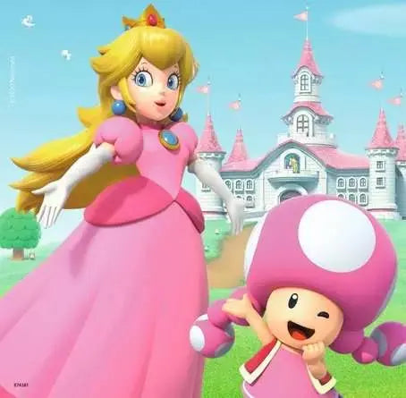 Super Mario puzzle artwork showing Princess Peach in a pink gown and Toadette in front of Peach's Castle