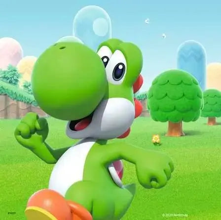 Super Mario puzzle artwork showing Yoshi running on a green meadow with colourful trees in the background