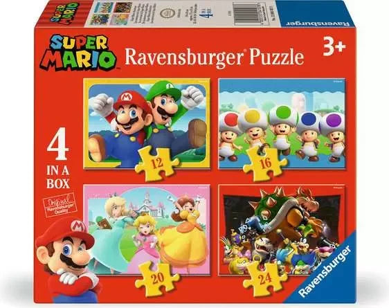 Ravensburger Super Mario 4 in a Box jigsaw puzzles box front showing four puzzle scenes with 12, 16, 20 and 24 pieces