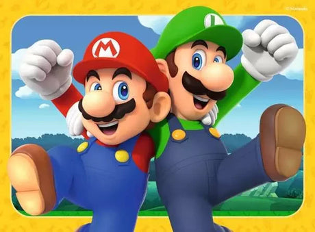 Ravensburger Super Mario 4 in a Box jigsaw puzzle scene showing Mario and Luigi jumping together