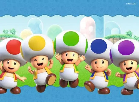 Ravensburger Super Mario 4 in a Box jigsaw puzzle scene showing a group of Toad characters
