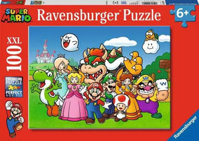 Ravensburger Super Mario Fun 100 piece XXL jigsaw puzzle box featuring Mario, Luigi, Peach, Yoshi and Bowser in a bright scene