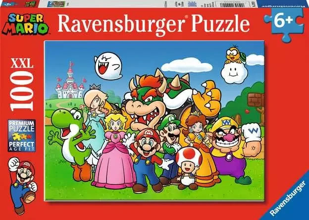 Ravensburger Super Mario Fun 100 piece XXL jigsaw puzzle box featuring Mario, Luigi, Peach, Yoshi and Bowser in a bright scene