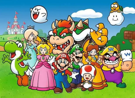 Completed Ravensburger Super Mario Fun 100pc XXL puzzle showing Mario, Luigi, Princess Peach, Yoshi, Bowser and friends in Mushroom Kingdom