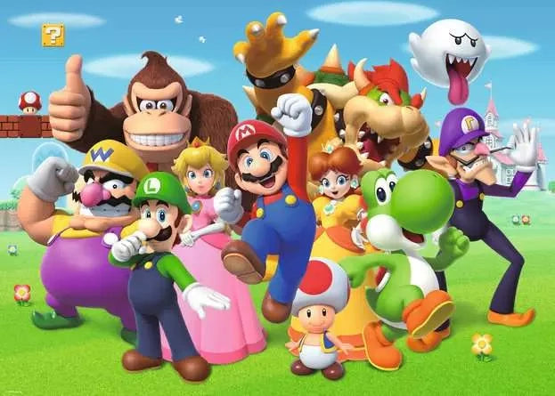 Ravensburger Super Mario puzzle artwork featuring Mario, Luigi, Princess Peach, Yoshi, Toad, Bowser, Donkey Kong, Wario and Waluigi