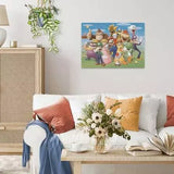 Completed colourful Ravensburger jigsaw puzzle displayed on a living room wall above a white sofa