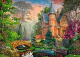 Ravensburger Terracotta Mansion 1000 Piece puzzle artwork showing a red brick mansion, arched wooden bridge, pond and colourful landscaped gardens