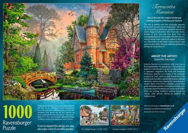 Ravensburger Terracotta Mansion 1000 Piece Jigsaw Puzzle box back showing the mansion artwork and information about artist Dominic Davison