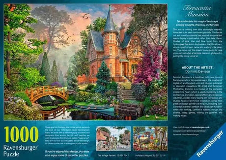 Ravensburger Terracotta Mansion 1000 Piece Jigsaw Puzzle box back showing the mansion artwork and information about artist Dominic Davison