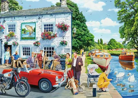 Puzzle artwork showing a riverside pub, red sports car, canal boats, swans, and anglers by the water