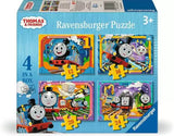 Ravensburger Thomas & Friends 4 in a Box jigsaw puzzles box front showing four puzzle scenes and a 3+ age mark