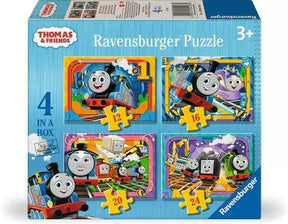 Ravensburger Thomas & Friends 4 in a Box jigsaw puzzles box front showing four puzzle scenes and a 3+ age mark
