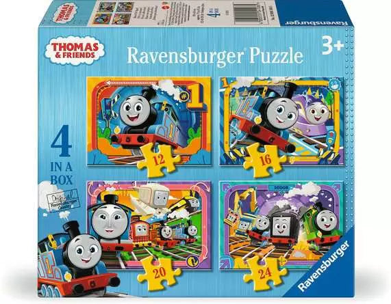 Ravensburger Thomas & Friends 4 in a Box jigsaw puzzles box front showing four puzzle scenes and a 3+ age mark