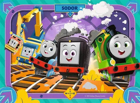 Thomas and friends on the tracks in a Sodor yard with a crane and Percy