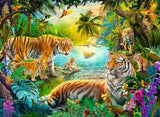 Tiger family puzzle artwork with adult tigers and cubs gathered around a forest pool