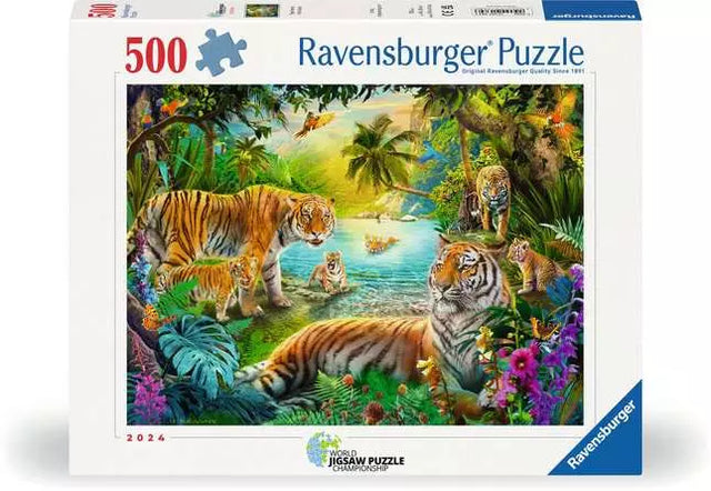 Front of the Ravensburger Tiger Family in Oasis 500 piece jigsaw puzzle box